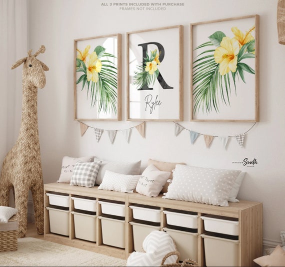 Yellow nursery decor, palm leaf tropical theme nursery art, yellow tropic botanical baby girl art, palm nursery decor, yellow tropical decor