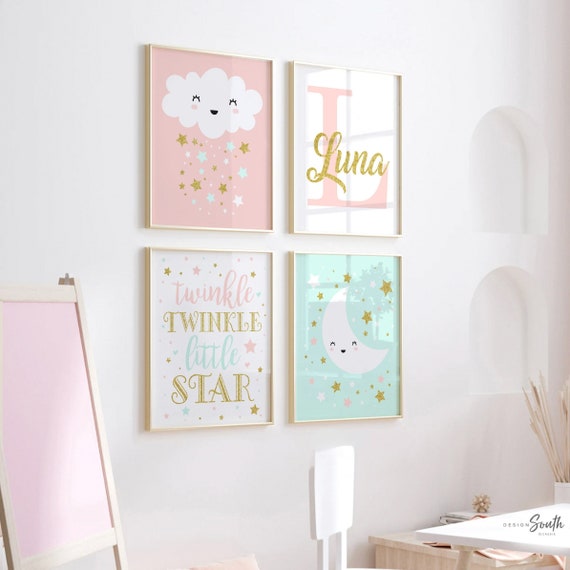 Peach and mint, blush pink and mint green, baby girl nursery, personalized nursery print, girl wall decor, peach mint and gold wall decor