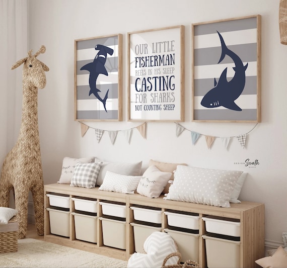 Shark Nursery Art Navy and Gray, Boy's Room Fishing Theme Quote