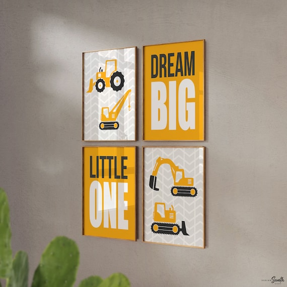 Construction prints, trucks, construction nursery, digger, bulldozer, boys nursery decor, yellow and gray art, art prints, boys construction