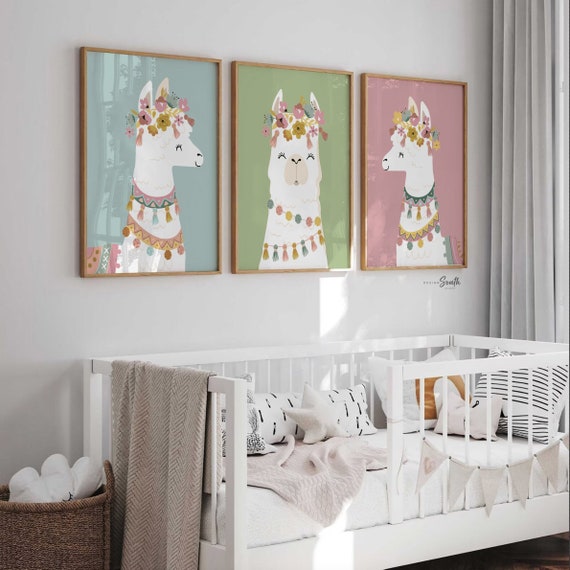 Neutral nursery soft boho colors baby room, elegant neutral girl's wall art, modern boho baby decor llamas, nursery alpaca llama theme child