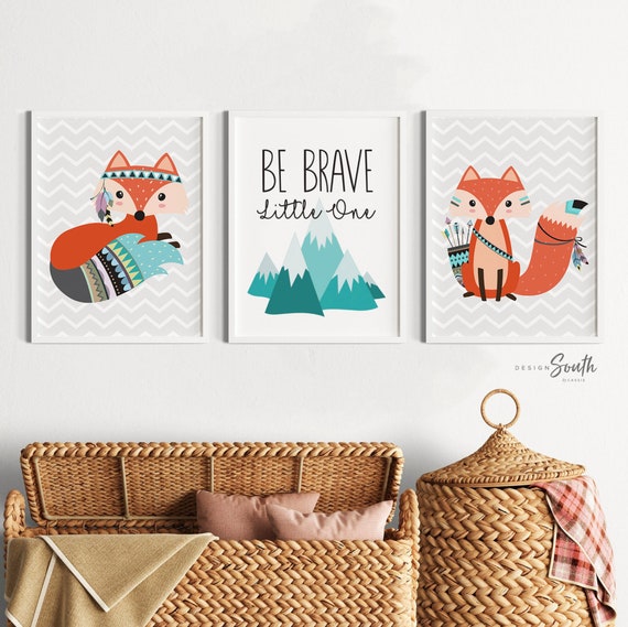 Be brave little one, fox nursery decor, gender neutral, nursery wall art fox, woodland tribal animal theme, kids bedroom wall art, fox decor