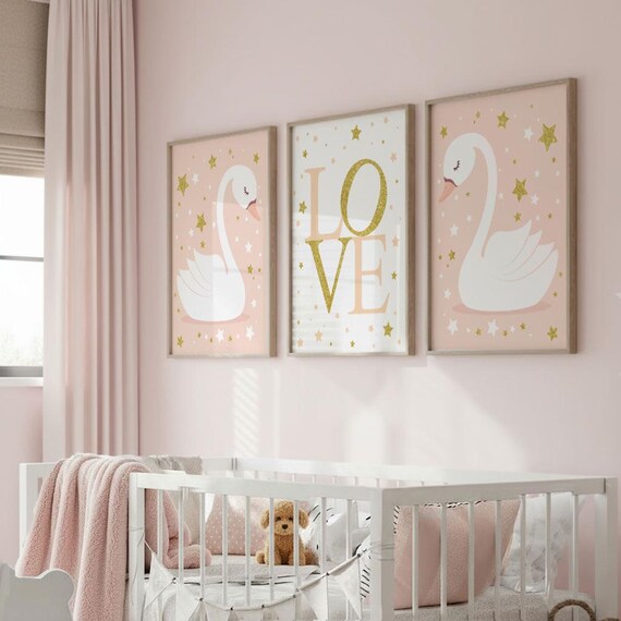 Swan Baby Girl Nursery Art: Peach, Gold, and Love Prints