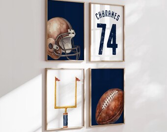 Football Nursery Wall Art Set 4, Personalized Name Number Prints, Navy Blue Sports Decor, Helmet Football Field Goal Art, Boy Toddler Room