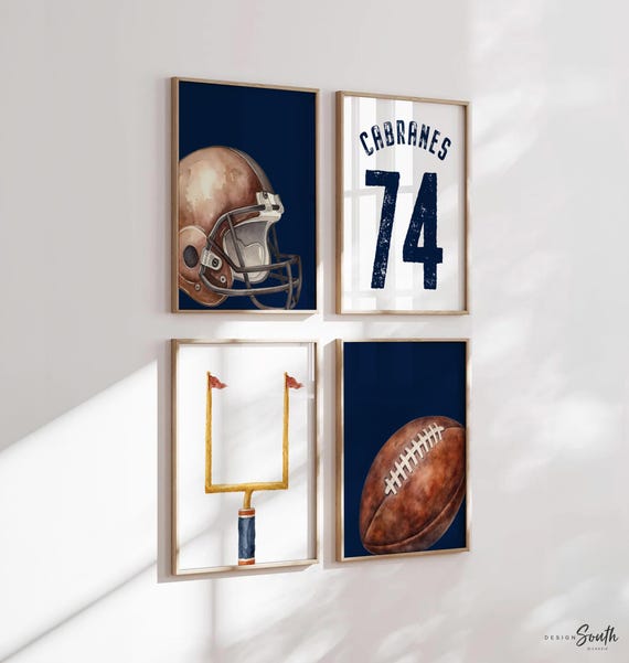 Football Nursery Wall Art Set 4, Personalized Name Number Prints, Navy Blue Sports Decor, Helmet Football Field Goal Art, Boy Toddler Room