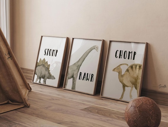 Neutral dinosaur wall art set of 3, beige brown gray watercolor prints with brachiosaurus, stegosaurus, parasaurolophus, stomp roar chomp