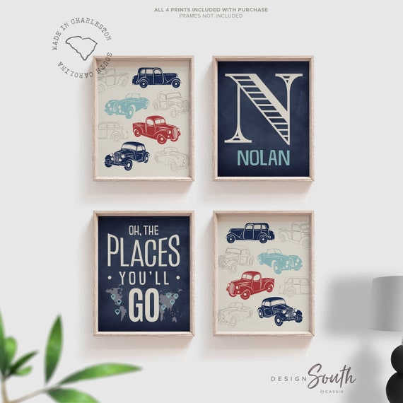 Vintage trucks and transportation theme for boys nursery or bedroom, oh the places you'll go, transportation decor for boy, personalized art