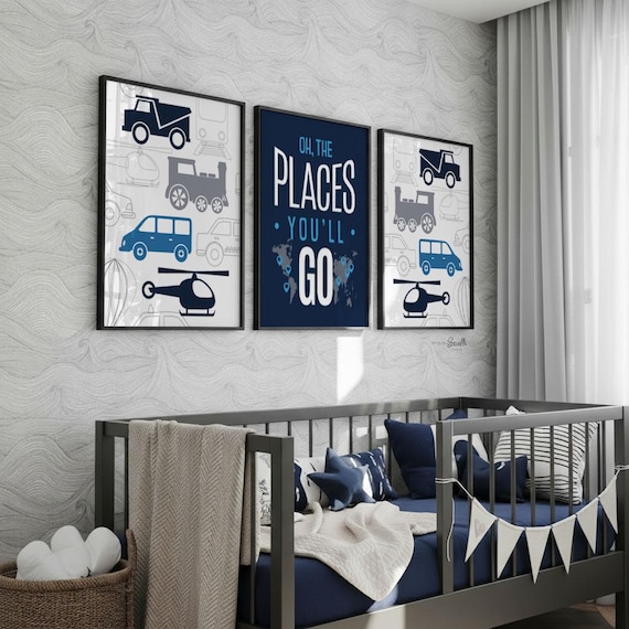 Transportation Nursery Art Prints: Navy Blue, Gray Cars, Trains, Helicopter