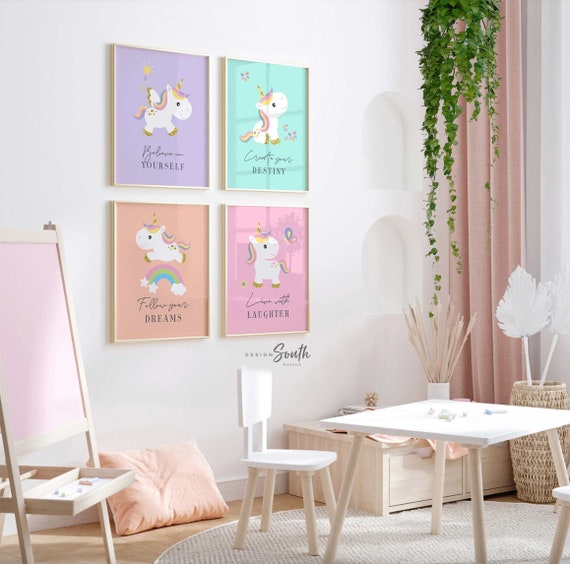 Pastel unicorn nursery art set of four 4, rainbows butterflies unicorns flowers decor, cute baby unicorn nursery wall art prints, pastel art