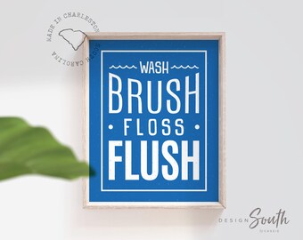 Badezimmer-Kunstdruck in Blau und Weiß: Waschen, Zähneputzen, Zahnseide, Spülen