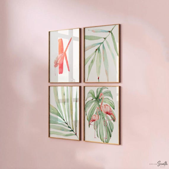 Tropical baby gift, personalized flamingo print initial name art print, pastel nature neutral colors nursery art, wall art gallery set girl