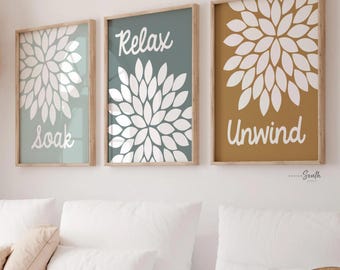 Spa Bathroom Art Prints: Soak Relax Unwind Floral Wall Decor