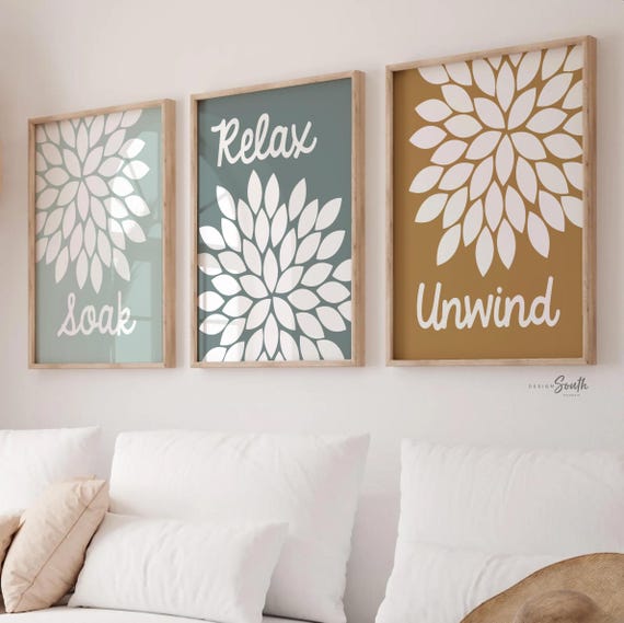 Soothing bathroom wall decor, soak relax unwind flower art bathroom, adult bathroom art, childrens wall art, bathroom flower art