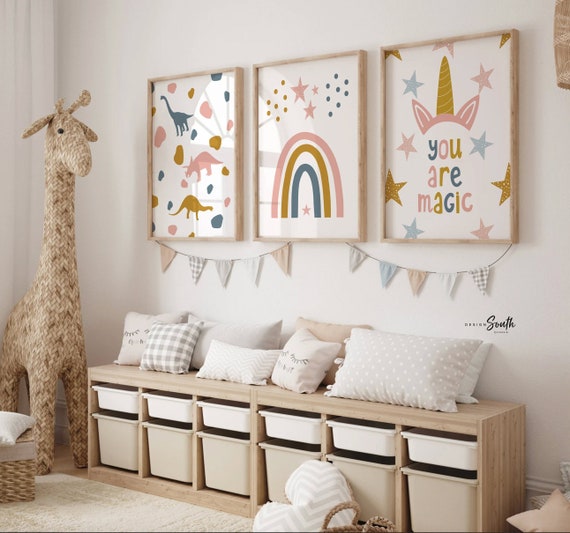 Dinosaur Unicorn Girl Art Prints: Trendy Nursery Decor