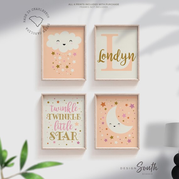 Boho baby girl nursery, twinkle twinkle little star boho colors, peach baby girl nursery, wall decor personalized name boho moon star baby