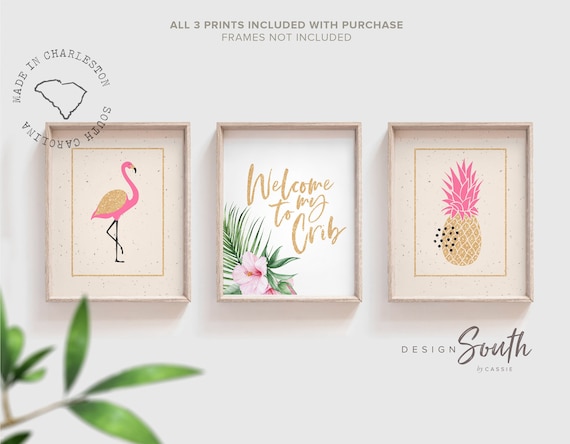 Girl nursery decor, tropical animal theme, ivory and pink flamingo tropical nursery, girl nursery design, flamingo decor, pineapple art gold
