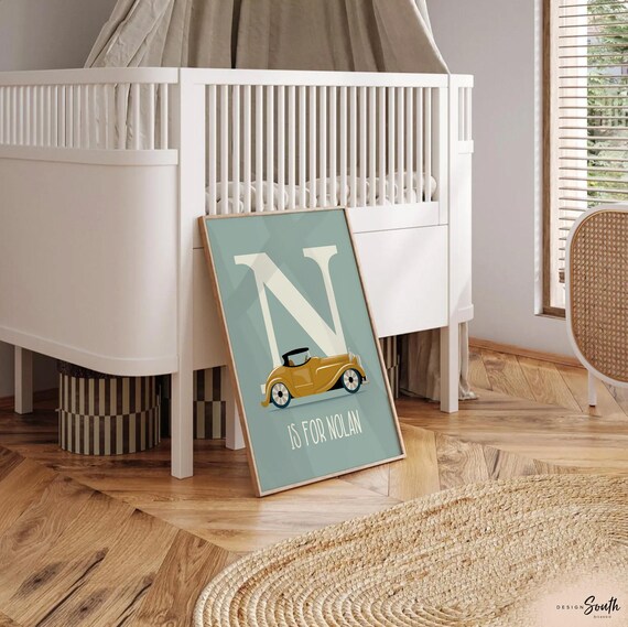 Boys name vintage car print, monogram car art, car art print customized name, vintage car boys room, boys custom car name sign, vintage car