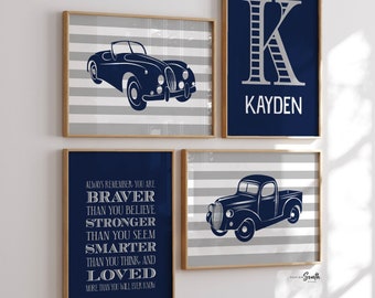 Vintage car and truck prints, vintage nursery, navy blue, gray, transportation nursery theme, boys car nursery, cars, classic car nursery