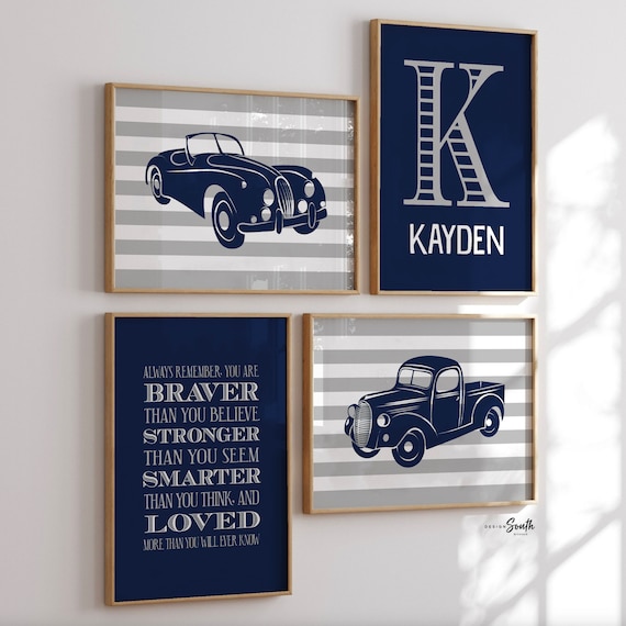 Vintage car and truck prints, vintage nursery, navy blue, gray, transportation nursery theme, boys car nursery, cars, classic car nursery