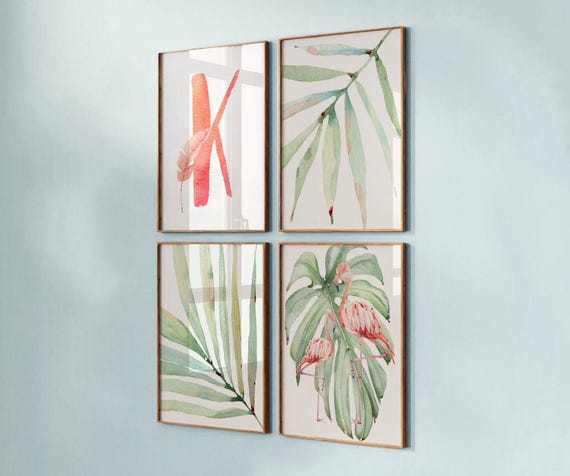 Tropical baby gift, personalized flamingo print initial name art print, pastel nature neutral colors nursery art, wall art gallery set girl