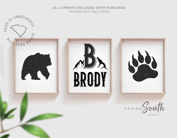 Personalized bear nursery gift, woodland bear themed decor, bear claw print name nursery wall art, bear baby boy nursery decor with boy name