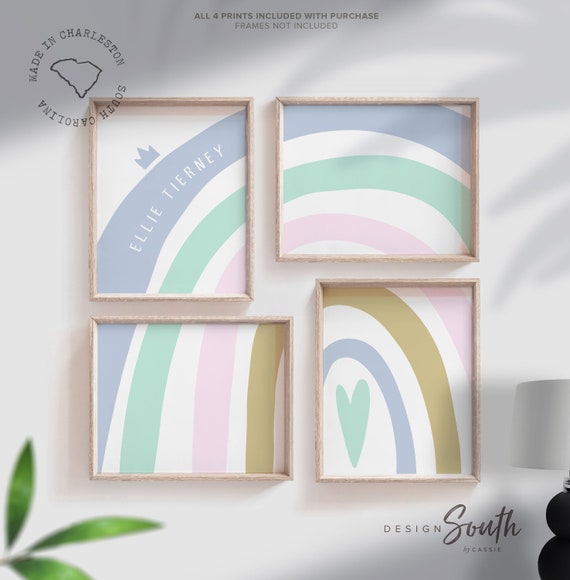 Rainbow nursery or bedroom, baby girl wall art theme pastel rainbow personalized name, pink nursery art prints, rainbow baby room wall decor