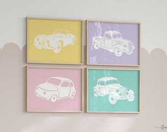 Pink Vintage Car Nursery Art: Baby Girl Transportation Decor