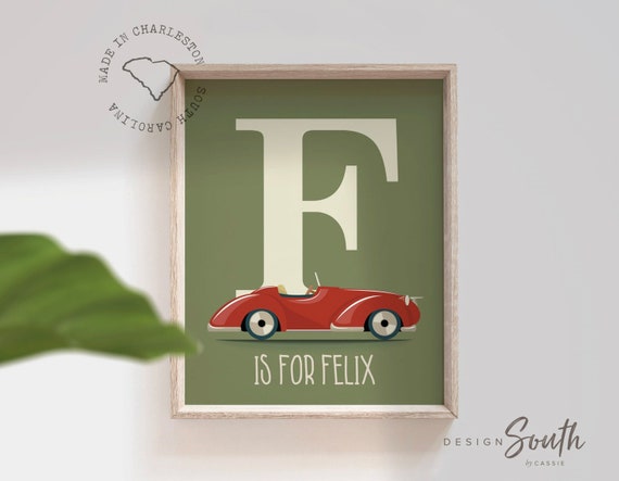 Red car kids room vintage retro sign, child's name transportation theme, decor little boy toddler, bathroom decor cars, old car art children