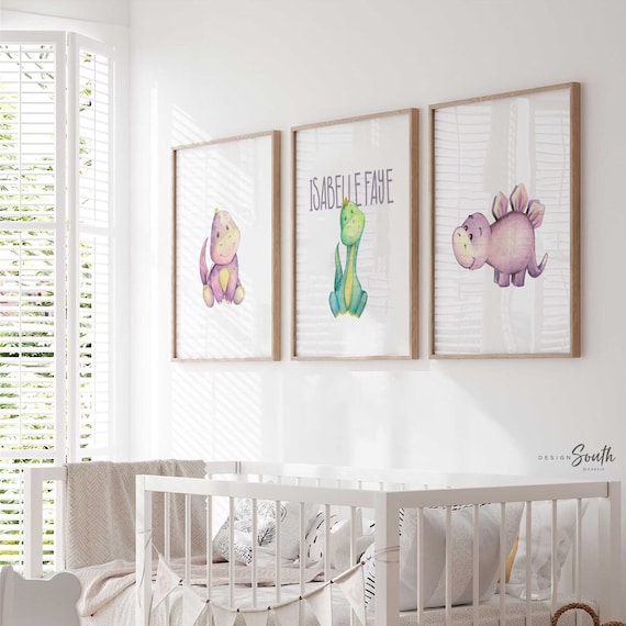 Personalized baby dinosaur art, dinosaur nursery art, baby dinosaur themed, kid name sign dinosaur themed, wall art bedroom dinosaur prints