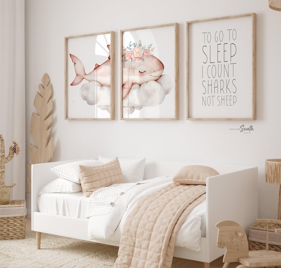 Pink Shark Nursery Art Prints: Watercolor Ocean Theme, Girl's Room Decor