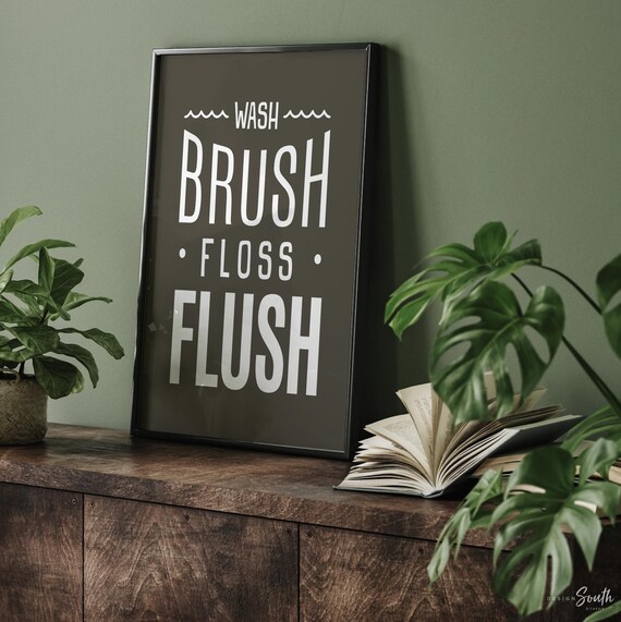 Brown wash brush floss flush, bathroom print in brown and white, bathroom print for boy, brown bathroom print for boys or girls, white brown