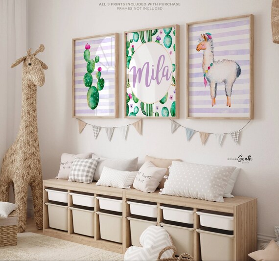 Llama girl artwork, llama gift for girl, alpaca baby gift, purple nursery wall art, llama art print, succulents, alpaca decor, llama lover