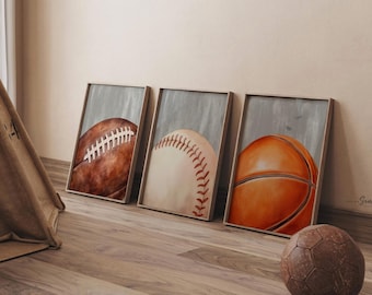 Neutral Sports Wall Art Set of 3, Boys Sports Nursery Decor, Basketball Football Baseball Prints, Distressed Gray Sports Bedroom Art