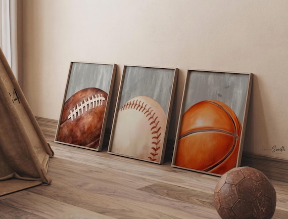 Boys Sports Nursery Prints, Football Basketball Baseball Watercolor Art (Set of 3)