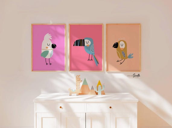 Tropical Birds Print Set: Colorful Nursery Wall Art