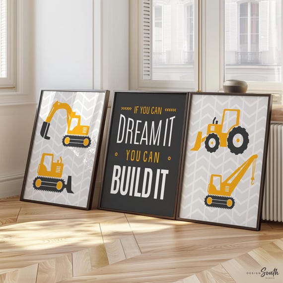 Construction Truck Prints: Yellow & Gray Boys Room Decor