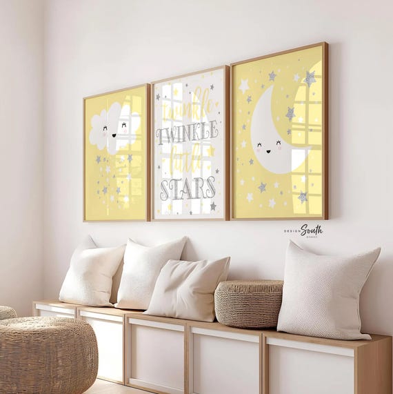 Celestial Twin Nursery Art: Yellow, Gray, and Silver Star Prints