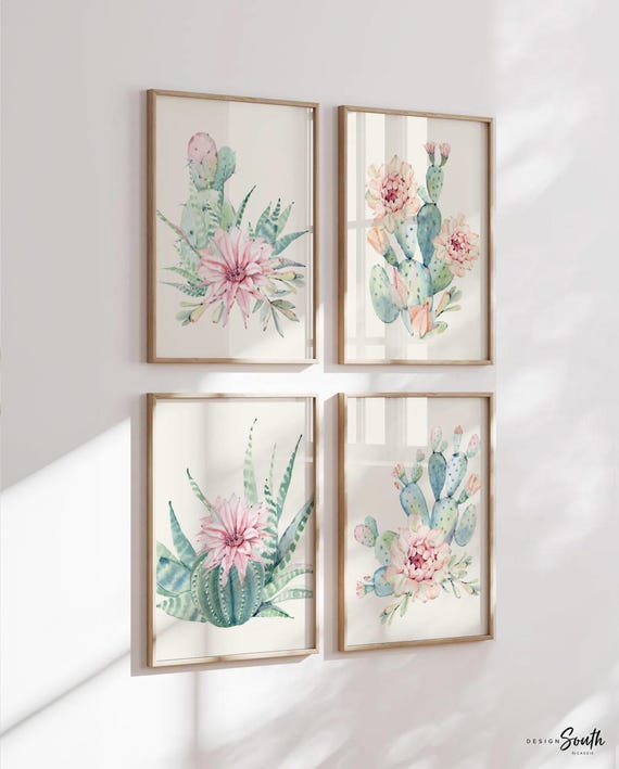 Cactus bloom prints, cactus floral nursery print, baby girl cactus nursery print, pink floral cactus wall prints, cactus nursery decor set 4