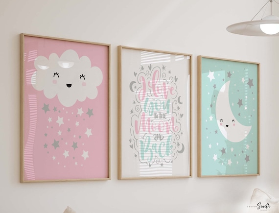 Cloud decor, cloud wall art, cloud nursery, pink and mint, to the moon and back nursery, baby art prints, baby art, nursery wall decor girls