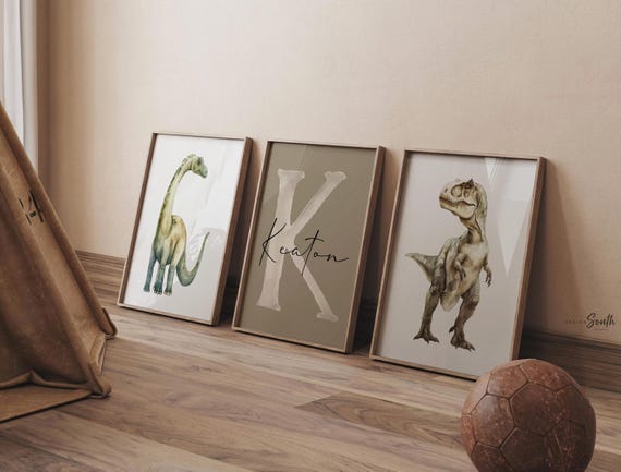 Personalized Dinosaur Nursery Art Set, Watercolor Brachiosaurus T-Rex Prints
