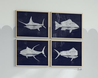 Navy Blue Offshore Fish Art Prints: Marlin, Tuna, Snapper