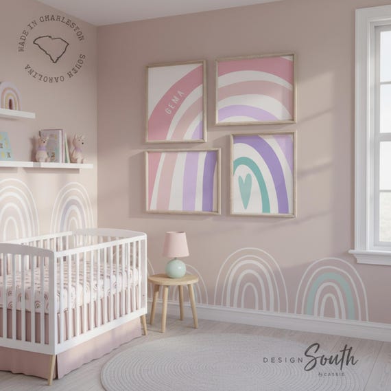 Rainbow Nursery Prints: Personalized Name, Heart Decor (Set of 4)