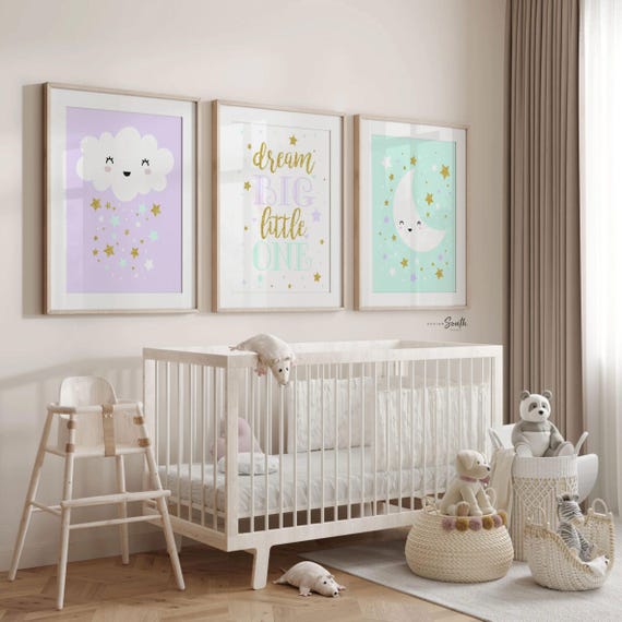 Girls Nursery Art Prints: Dream Big, Lilac, Mint & Gold