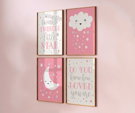 Twinkle twinkle little star pink and gray, baby girl nursery wall decor, pink and gray nursery art, do you know how loved you are print set