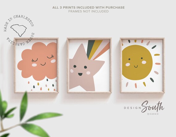 Gender neutral nursery art, sunshine themed nursery, unisex nursery decor, kids playroom wall neutral colors, sun cloud rain shooting star
