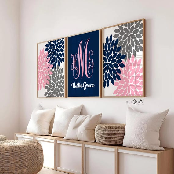 Pink Dahlia Nursery Art: Navy Monogram, Girls Bedroom Decor