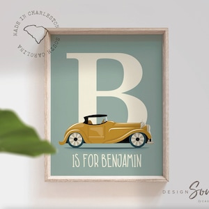 Impresión de coche de época con nombre de niño, arte de coche con monograma, impresión de arte de coche con nombre personalizado, habitación de niño con coche de época, letrero con nombre de coche personalizado para niño, coche de época