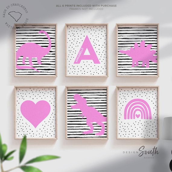 Hot pink girls dinosaur art, wall art for girls room dinosaur themed, hot pink tyrannosaurus rex,  trex wall art print, pink girly dinosaurs