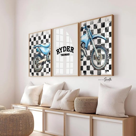Personalized Dirt Bike Nursery Art: Blue Motocross Prints