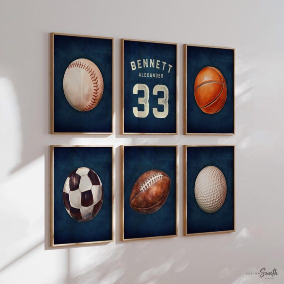 Personalized Sports Nursery Prints, Boys Name Wall Art, Watercolor Decor